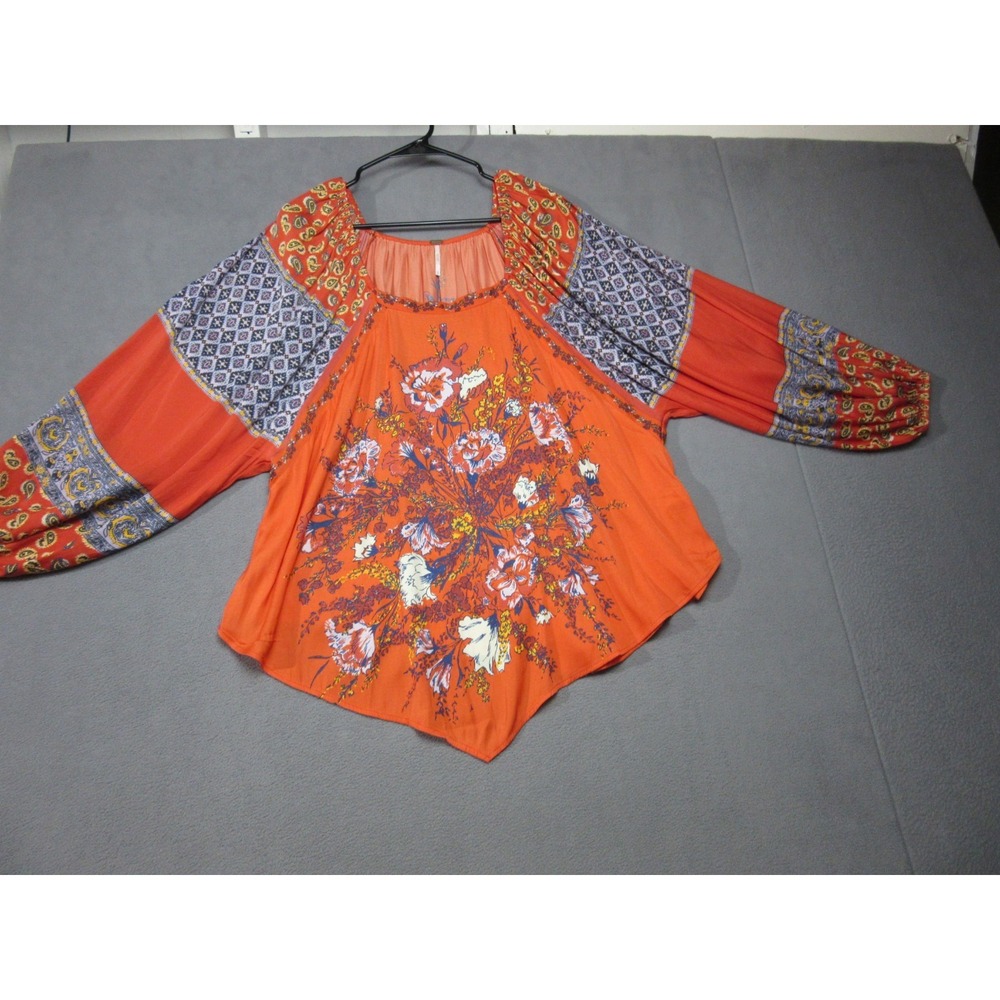 Free People Blouse Womens Medium Orange Floral Positano Top Patchwork Balloon